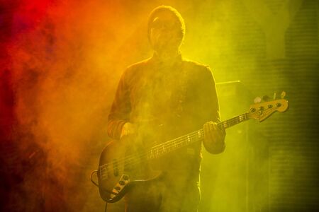 Traena, Norway - July 11 2014: during the concert of the Norwegian singer and guitarist Erlend Oyefeaturing the Icelandic band Hjalmarat the Traenafestival, music festival taking place on the small island of Traenaのeditorial素材