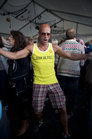 Traena, Norway - July 12 2014: during the show of the Noewegian artists DJ Hovmester og vertskapet at the Traenafestival, music festival taking place on the small island of Traenaのeditorial素材