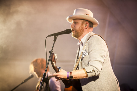 Traena, Norway - July 08, 2016: concert of Norwegian folk and rock band Violet Road at...