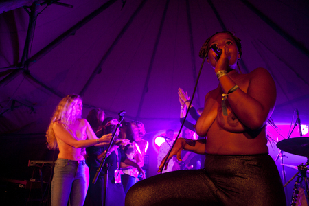 Traena, Norway - July 11 2014: at the concert of the Norwegian electronic soul singer Nosizwe at the Traenafestival, music festival taking place on the small island of Traenaのeditorial素材
