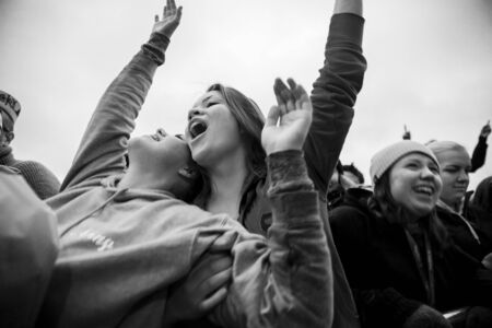 Traena, Norway - July 9 2015: audience cheering, clapping, with arms in the air concert of Swedish rock band Movits! at the Traenafestival, music festival taking place on the small island of Traenaのeditorial素材