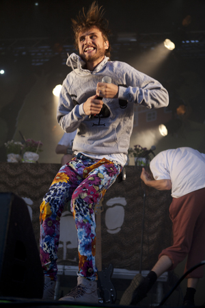 Traena, Norway - July 11 2014: people watching the concert of the Swedish pop-techno band Den Svenska Bjornstammen at the Traenafestival, music festival taking place on the small island of Traenaのeditorial素材