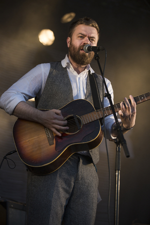 Traena, Norway - July 12 2014: during the concert of the Icelandic singer Mugison at the Traenafestival, music festival taking place on the small island of Traenaのeditorial素材