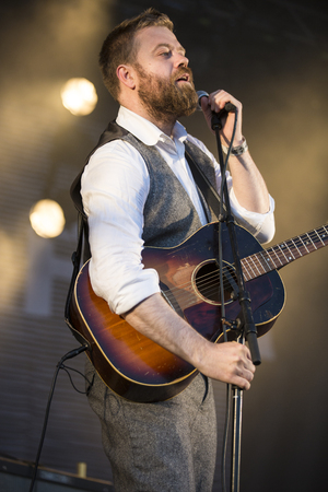 Traena, Norway - July 12 2014: during the concert of the Icelandic singer Mugison at the Traenafestival, music festival taking place on the small island of Traenaのeditorial素材