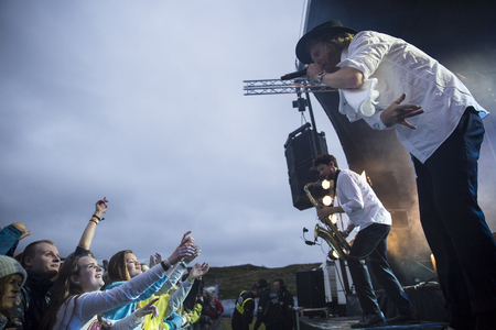 Traena, Norway - July 9 2015: concert of Swedish rock band Movits! at the Traenafestival, music festival taking place on the small island of Traenaのeditorial素材