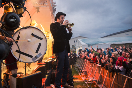 Traena, Norway - July 08, 2016: concert of Norwegian folk and rock band Violet Road at Traenafestival, music festival taking place on the small island of Traena in Norwayのeditorial素材