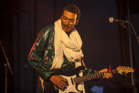 Traena, Norway - July 10 2015: concert of rock blues world music Nigerien Tuareg artist Omara "Bombino" Moctar at Traenafestival, music festival taking place on the small island of Traenaのeditorial素材