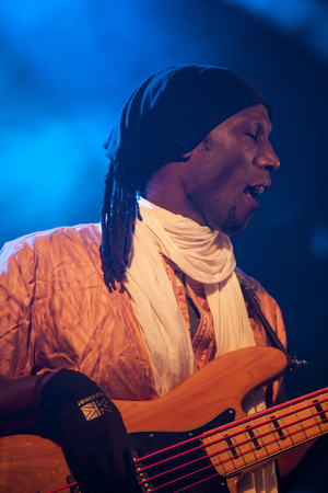 Traena, Norway - July 10 2015: concert of rock blues world music Nigerien Tuareg artist Omara "Bombino" Moctar at Traenafestival, music festival taking place on the small island of Traenaのeditorial素材