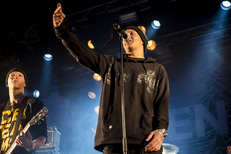 Traena, Norway - July 9 2015: concert of Norwegian rock band OnklP & De Fjerne Slektningene at the Traenafestival, music festival taking place on the small island of Traenaのeditorial素材