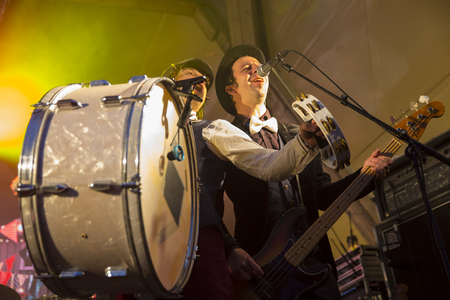 Traena, Norway - July 08, 2016: concert of Norwegian folk and rock band Violet Road at Traenafestival, music festival taking place on the small island of Traena in Norwayのeditorial素材