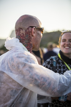 Traena, Norway - July 12 2014: during the concert of the Swedish singers Stefan Sundstrom and Franska Trion at the Traenafestival, music festival taking place on the small island of Traenaのeditorial素材