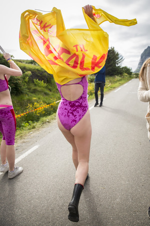 Traena, Norway - July 11 2015: group of colorful people participating in the smallest gay Pride in Europe during Traenafestival, music festival taking place on the small island of Traena.のeditorial素材