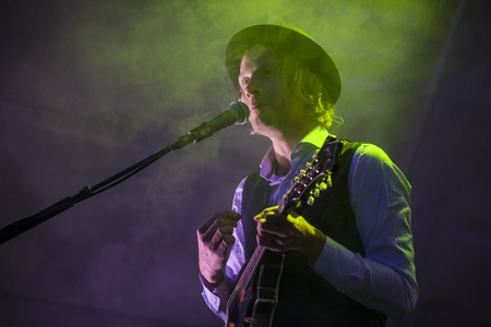 Traena, Norway - July 08, 2016: concert of Norwegian folk and rock band Violet Road at Traenafestival, music festival taking place on the small island of Traena in Norwayのeditorial素材