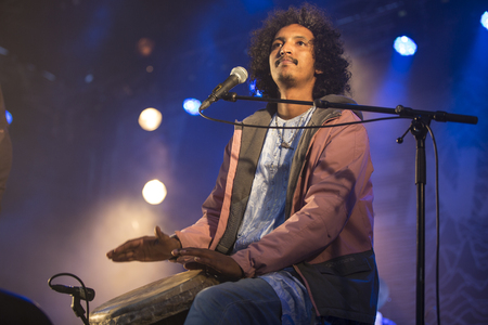 Traena, Norway - July 10 2014: during the concert of the Malian traditionnal and pop rock band Tamikrest at the Traenafestival, music festival taking place on the small island of Traenaのeditorial素材