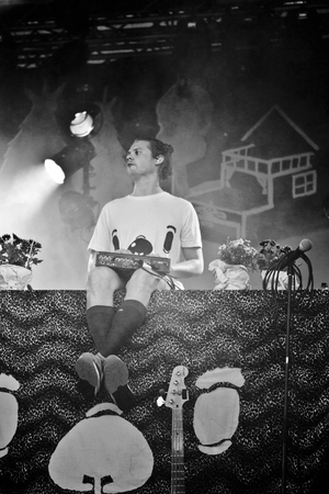 Traena, Norway - July 11 2014: people watching the concert of the Swedish pop-techno band Den Svenska Bjornstammen at the Traenafestival, music festival taking place on the small island of Traenaのeditorial素材