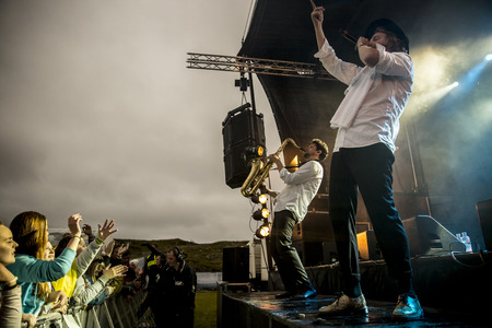 Traena, Norway - July 9 2015: concert of Swedish rock band Movits! at the Traenafestival, music...