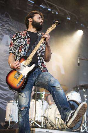 Traena, Norway - July 11 2014: during the concert of the Norwegian band Ida Maria  at the Traenafestival, music festival taking place on the small island of Traenaのeditorial素材