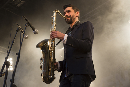 Traena, Norway - July 10 2015: concert of Norwegian band Kim Lie og hans Langt Nord Bandat the Traenafestival, music festival taking place on the small island of Traenaのeditorial素材