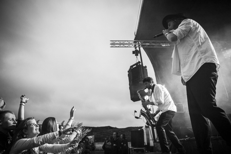 Traena, Norway - July 9 2015: concert of Swedish rock band Movits! at the Traenafestival, music festival taking place on the small island of Traenaのeditorial素材