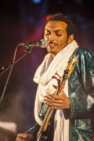 Traena, Norway - July 10 2015: concert of rock blues world music Nigerien Tuareg artist Omara "Bombino" Moctar at Traenafestival, music festival taking place on the small island of Traenaのeditorial素材