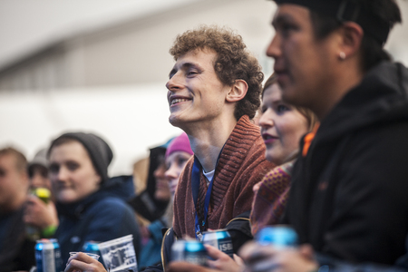 Traena, Norway - July 10 2015: audience at concert of Norwegian band Kim Lie og hans Langt Nord Bandat the Traenafestival, music festival taking place on the small island of Traenaのeditorial素材