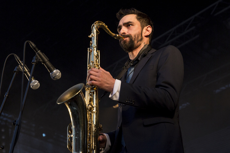 Traena, Norway - July 10 2015: concert of Norwegian band Kim Lie og hans Langt Nord Bandat the...