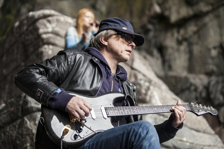Traena, Norway - July 11 2015: concert of Norwegian singer Anneli Drecker at cathedral cave Kirkehelleren on Sanna Island, at Traenafestival, music festival taking place on the small island of Traena.のeditorial素材