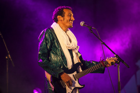Traena, Norway - July 10 2015: concert of rock blues world music Nigerien Tuareg artist Omara "Bombino" Moctar at Traenafestival, music festival taking place on the small island of Traenaのeditorial素材