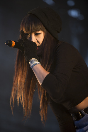 Traena, Norway - July 12 2014: during the concert of the Danish electro-rap singer Linkoban at the Traenafestival, music festival taking place on the small island of Traenaのeditorial素材