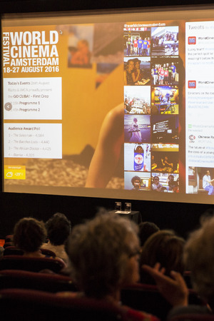 Amsterdam, The Netherlands - August 27 2016: cinema audience watching movie at closing award ceremony of World Cinema Amsterdam, a world film festival held from 18 to 27/08/2016のeditorial素材