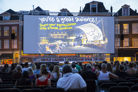 Amsterdam, The Netherlands - August 24 2016: open air screening of Argentine film Road to la Paz at Marie Heinekenplein, during World Cinema Amsterdam, a world film festival held from 18 to 27/08/2016のeditorial素材