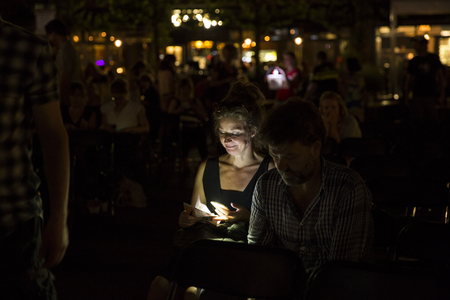 Amsterdam, The Netherlands - August 24 2016: open air screening of Argentine film Road to la Paz at Marie Heinekenplein, during World Cinema Amsterdam, a world film festival held from 18 to 27/08/2016のeditorial素材