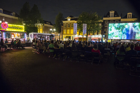 Amsterdam, The Netherlands - August 21 2015: open air screening of Peruvian film A Los 40  at Marie Heinekenplein, during World Cinema Amsterdam, a world film festival held from 14 to 23/08/2015のeditorial素材
