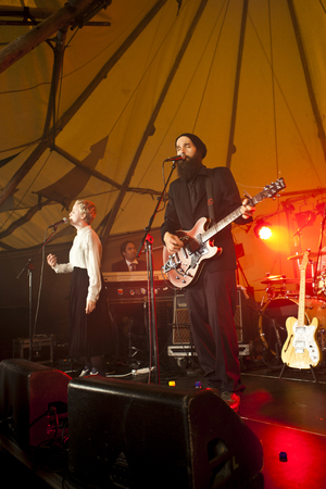 Traena, Norway - July 11 2014: during the concert of the Norwegian Band Ae Og Dem featuring Ingeborg Oktober at the Traenafestival, music festival taking place on the small island of Traenaのeditorial素材