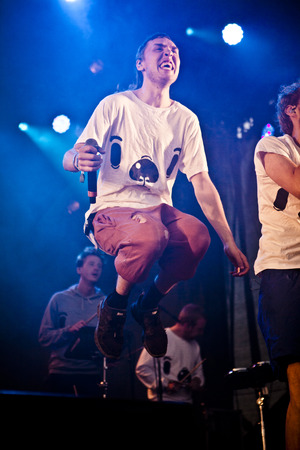 Traena, Norway - July 11 2014: people watching the concert of the Swedish pop-techno band Den Svenska Bjornstammen at the Traenafestival, music festival taking place on the small island of Traenaのeditorial素材