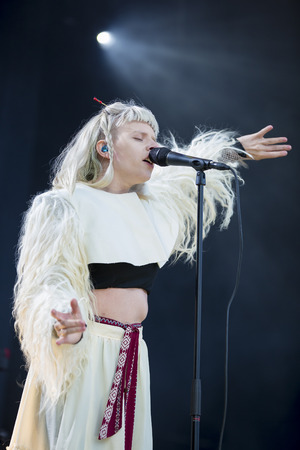 Traena, Norway - July 7 2017: concert of Norwegian pop singer-songwriter Aurora at Traenafestival, music festival taking place on the small island of Traenaのeditorial素材