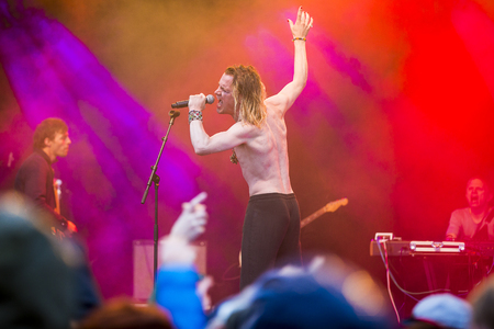 Traena, Norway - July 6 2017: concert of Danish indie rock singer Bisse at Traenafestival, music festival taking place on the small island of Traenaのeditorial素材