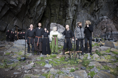 Traena, Norway - July 8 2017: concert of Norwegian band Wardruna featuring Aurora at cathedral cave Kirkehelleren on Sanna Island, at Traenafestival, music festival taking place on the small island of Traena.のeditorial素材