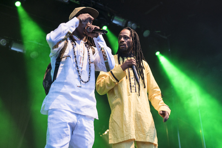 Traena, Norway - July 8 2017: concert of Norwegian rap hiphop band African Sunz at Traenafestival, music festival taking place on the small island of Traenaのeditorial素材