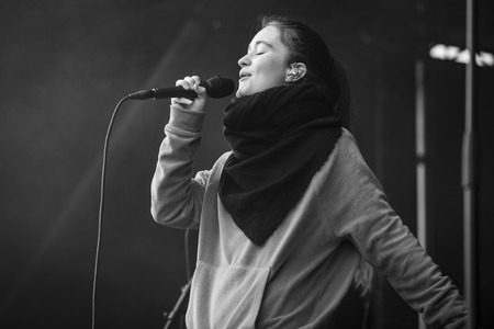 Traena, Norway - July 7 2017: concert of Norwegian pop singer Sigrid at Traenafestival, music festival taking place on the small island of Traenaのeditorial素材