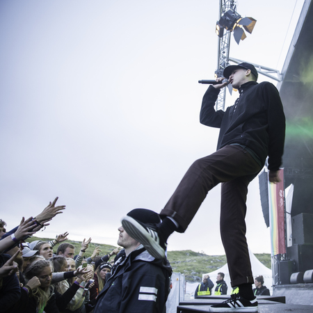 Concert of Norwegian rap band Sushi X Kobe at Traena festival, music festival taking place on the small island of Traenaのeditorial素材