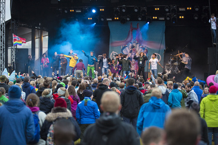 Traena, Norway - July 6 2017: concert of Norwegian punk rock band Honningbarna at Traenafestival, music festival taking place on the small island of Traenaのeditorial素材