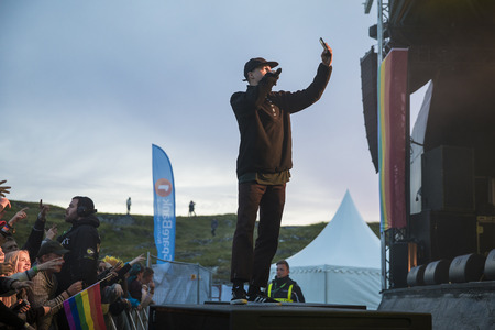 Traena, Norway - July 7 2017: concert of Norwegian rap band Sushi X Kobe at Traenafestival, music festival taking place on the small island of Traenaのeditorial素材