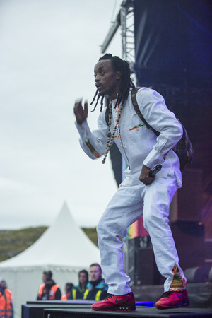 Traena, Norway - July 8 2017: concert of Norwegian rap hiphop band African Sunz at Traenafestival, music festival taking place on the small island of Traenaのeditorial素材