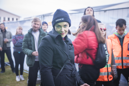 Traena, Norway - July 7 2017: portrait of Norwegian singer Silja Sol during concert of Norwegian rap band Sushi X Kobe at Traenafestival, music festival taking place on the small island of Traenaのeditorial素材