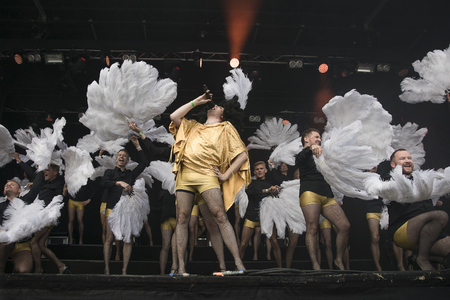 Traena, Norway - July 7 2017: concert of Norwegian gay choir Oslo Fagottkor at Traenafestival, music festival taking place on the small island of Traenaのeditorial素材