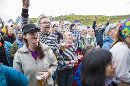 Traena, Norway - July 8 2017: concert of Norwegian shanties choir band Storm Weather Shanty Choir at Traenafestival, music festival taking place on the small island of Traenaのeditorial素材