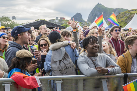 Traena, Norway - July 7 2017: concert of Norwegian gay choir Oslo Fagittkor at Traenafestival, music festival taking place on the small island of Traenaのeditorial素材