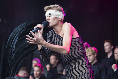 Traena, Norway - July 7 2017: concert of Norwegian gay choir Oslo Fagottkor at Traenafestival, music festival taking place on the small island of Traenaのeditorial素材