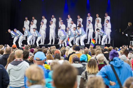 Traena, Norway - July 7 2017: concert of Norwegian gay choir Oslo Fagottkor at Traenafestival, music festival taking place on the small island of Traenaのeditorial素材